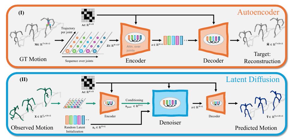 EquiFusion architecture: (I) a transformer autoencoder learns a permutation-equivariant latent space; (II) a latent diffusion denoiser predicts future motion conditioned on the observed past, with the adjacency matrix as input.